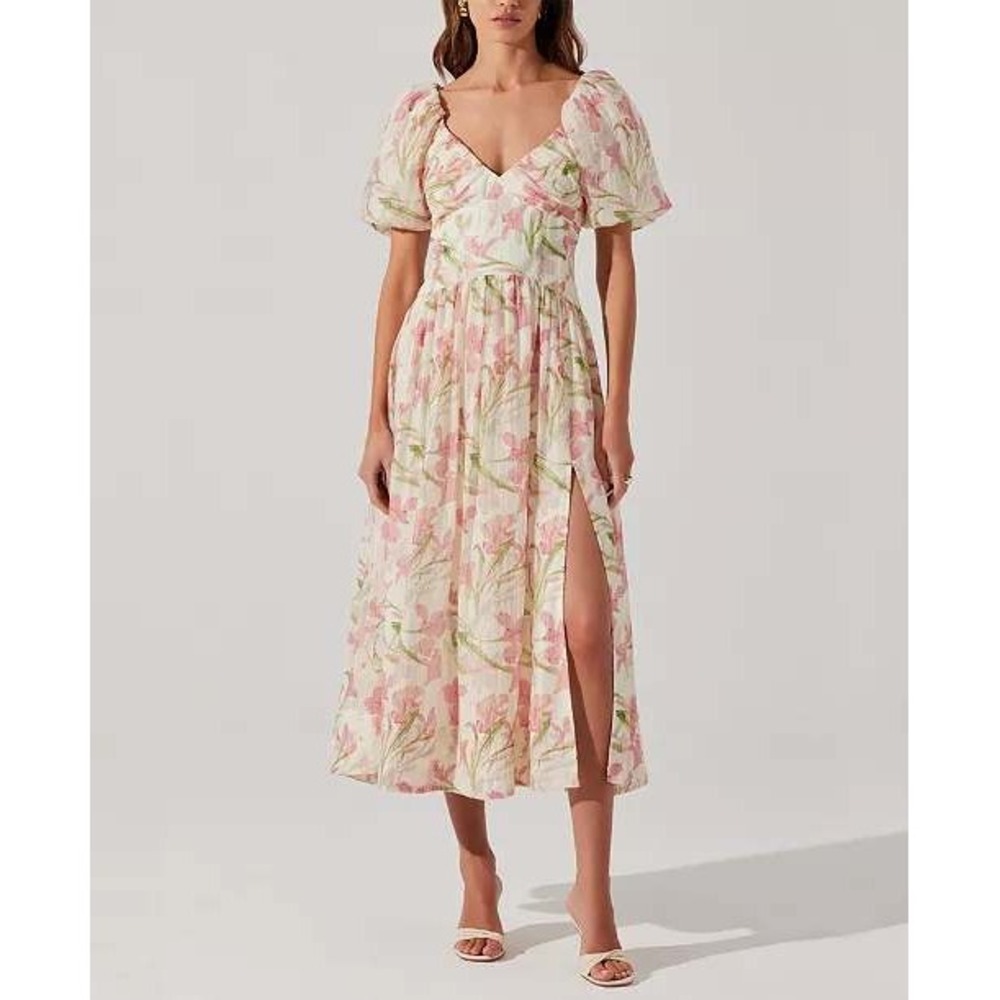 ASTR the Label Floral Puff Sleeve Midi Dress Pink Green Iris Sweetheart Slit